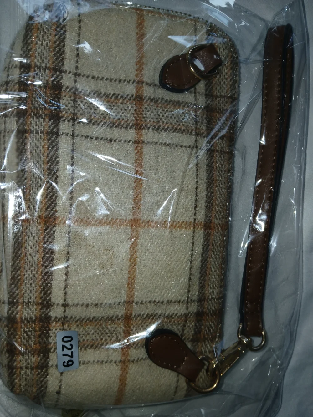 Jean & Co. Plaid Beige/Brown Zip-Around Wristlet Wallet w/ Strap, Credit Card